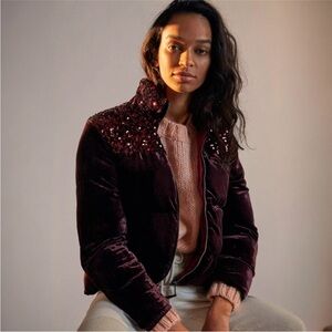 Anthropologie || Maeve Vera Sequined Velvet Puffer Jacket Burgundy XL